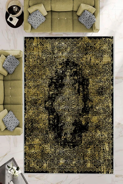 Makinede Yıkanabilir Leke Tutmaz  Gold Deko Deri Kaymaz Taban Vintage Göbekli Salon Saçaksız Halı E4173  GOLD 180 x 280