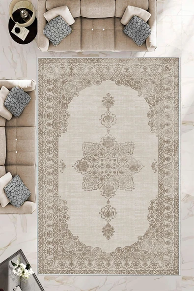 Makinede Yıkanabilir Leke Tutmaz  Bej Deko Deri Kaymaz Taban Göbekli Salon Saçaksız Halı E4159  BEJ 100 x 200