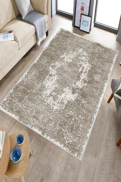 Makinede Yıkanabilir Leke Tutmaz  Vizon Deko Deri Kaymaz Taban Vintage Göbekli Salon Saçaksız Halı E4171  VİZON 200 x 300 - Resim 3