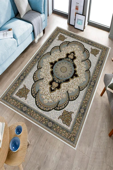 Makinede Yıkanabilir Leke Tutmaz  Mavi Deko Deri Kaymaz Taban Göbekli Salon Saçaksız Halı E4162  MAVİ 100 x 200 - 3