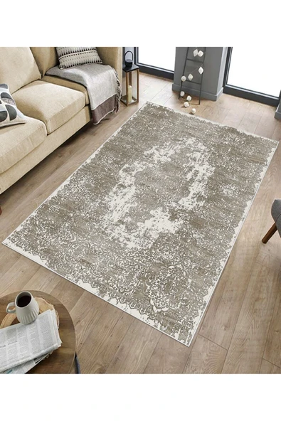 Makinede Yıkanabilir Leke Tutmaz  Vizon Deko Deri Kaymaz Taban Vintage Göbekli Salon Saçaksız Halı E4171  VİZON 200 x 300 - Resim 5