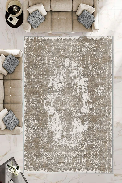 Makinede Yıkanabilir Leke Tutmaz  Vizon Deko Deri Kaymaz Taban Vintage Göbekli Salon Saçaksız Halı E4171  VİZON 160 x 230