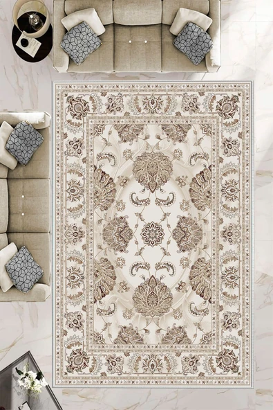 Makinede Yıkanabilir Leke Tutmaz  Krem Pvc Deri Kaymaz Taban Göbekli Salon Saçaksız Halı E4165  KREM 180 x 280