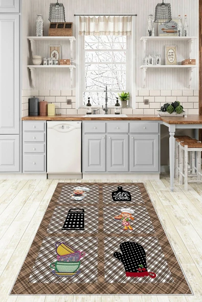Makinede Yıkanabilir Leke Tutmaz  Kahverengi Pvc Deri Kaymaz Taban Mutfak Saçaksız Halı 554-04  ÇOKLU 100 x 140
