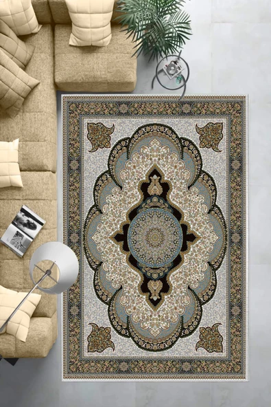 Makinede Yıkanabilir Leke Tutmaz  Mavi Deko Deri Kaymaz Taban Göbekli Salon Saçaksız Halı E4162  MAVİ 100 x 200 - 6