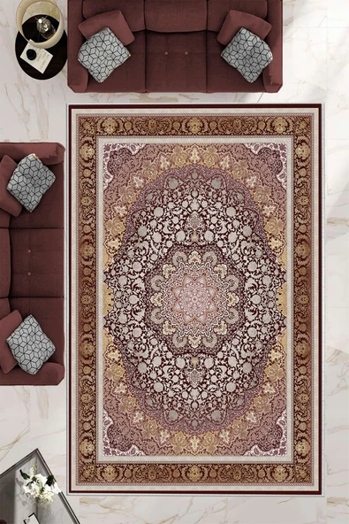 Makinede Yıkanabilir Leke Tutmaz  Mürdüm Pvc Deri Kaymaz Taban Göbekli Salon Saçaksız Halı E4153  MÜRDÜM 100 x 200