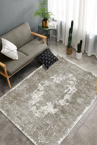 Makinede Yıkanabilir Leke Tutmaz  Vizon Deko Deri Kaymaz Taban Vintage Göbekli Salon Saçaksız Halı E4171  VİZON 120 x 180 - 4