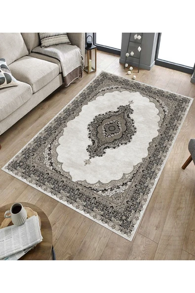 Makinede Yıkanabilir Leke Tutmaz  Kahverengi Deko Deri Kaymaz Taban Göbekli Salon Saçaksız Halı E4150  KAHVERENGİ 100 x 300 - 5