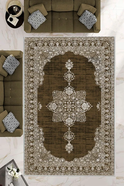 Makinede Yıkanabilir Leke Tutmaz  Kahverengi Deko Deri Kaymaz Taban Göbekli Salon Saçaksız Halı E4160  KAHVERENGİ 80 x 200