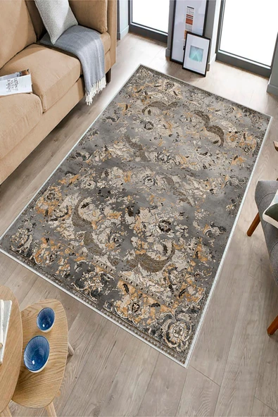 Makinede Yıkanabilir Leke Tutmaz  Gri-Kahve Deko Deri Kaymaz Taban Göbekli Salon Saçaksız Halı E4149  GRİ-KAHVERENGİ 180 x 280 - 3