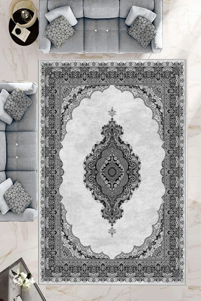 Makinede Yıkanabilir Leke Tutmaz  Siyah-Gri Deko Deri Kaymaz Taban Göbekli Salon Saçaksız Halı E4152  SİYAH-GRİ 80 x 200