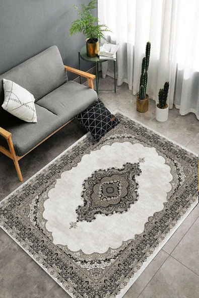 Makinede Yıkanabilir Leke Tutmaz  Kahverengi Deko Deri Kaymaz Taban Göbekli Salon Saçaksız Halı E4150  KAHVERENGİ 160 x 230 - 4