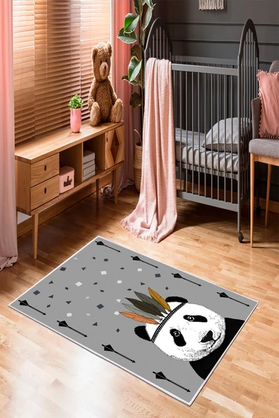 Makinede Yıkanabilir Leke Tutmaz  Gri Pvc Deri Kaymaz Taban Panda Çocuk Saçaksız Halı 563-00  ÇOKLU 160 x 230