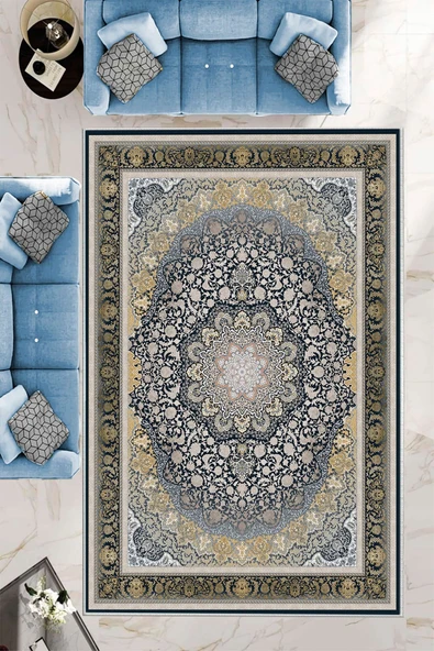 Makinede Yıkanabilir Leke Tutmaz  Lacivert Pvc Deri Kaymaz Taban Göbekli Salon Saçaksız Halı E4154  LACİVERT 120 x 180