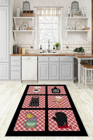 Makinede Yıkanabilir Leke Tutmaz  Kırmızı-Siyah Pvc Deri Kaymaz Taban Mutfak Saçaksız Halı 554  ÇOKLU 80 x 200
