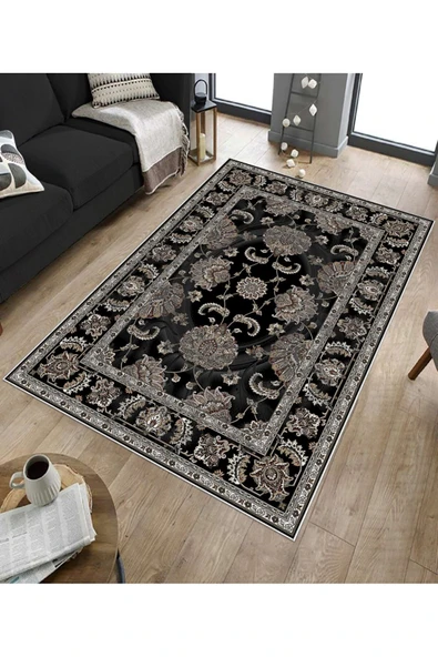Makinede Yıkanabilir Leke Tutmaz  Siyah Deko Deri Kaymaz Taban Göbekli Salon Saçaksız Halı E4167  SİYAH 200 x 300 - Resim 5