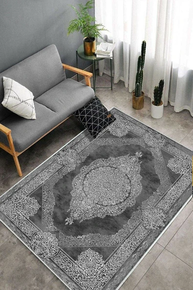 Makinede Yıkanabilir Leke Tutmaz  Gri-Antrasit Deko Deri Kaymaz Taban Göbekli Salon Saçaksız Halı E4175  GRİ-ANTRASİT 180 x 280 - Resim 3