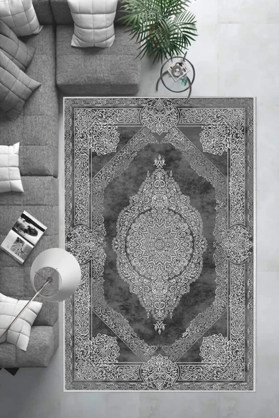 Makinede Yıkanabilir Leke Tutmaz  Gri-Antrasit Deko Deri Kaymaz Taban Göbekli Salon Saçaksız Halı E4175  GRİ-ANTRASİT 160 x 230