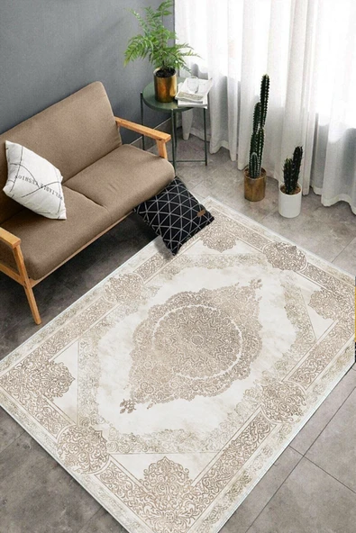 Makinede Yıkanabilir Leke Tutmaz  Krem-Vizon Dot Keçe Kaymaz Taban Göbekli Salon Saçaksız Halı E4174  KREM-VİZON 120 x 180 - Resim 3