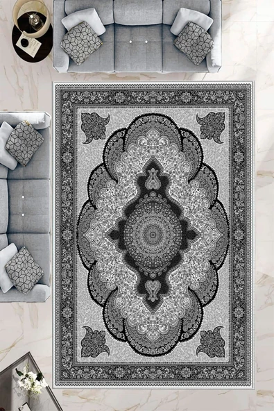Makinede Yıkanabilir Leke Tutmaz  Siyah-Gri Deko Deri Kaymaz Taban Göbekli Salon Saçaksız Halı E4164  SİYAH-GRİ 80 x 300