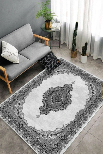 Makinede Yıkanabilir Leke Tutmaz  Siyah-Gri Deko Deri Kaymaz Taban Göbekli Salon Saçaksız Halı E4152  SİYAH-GRİ 80 x 300 - 4