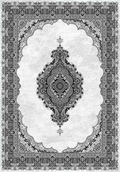Makinede Yıkanabilir Leke Tutmaz  Siyah-Gri Deko Deri Kaymaz Taban Göbekli Salon Saçaksız Halı E4152  SİYAH-GRİ 80 x 300 - 2
