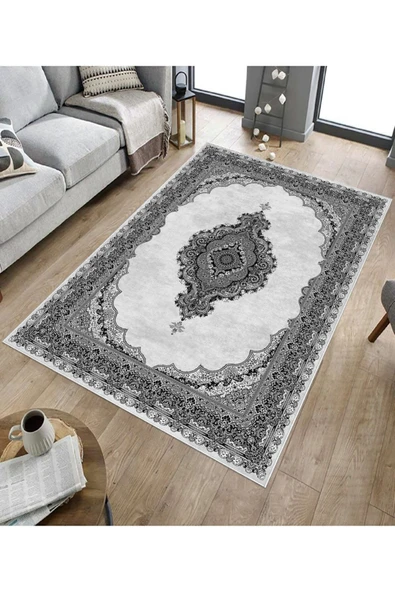 Makinede Yıkanabilir Leke Tutmaz  Siyah-Gri Deko Deri Kaymaz Taban Göbekli Salon Saçaksız Halı E4152  SİYAH-GRİ 80 x 300 - 5