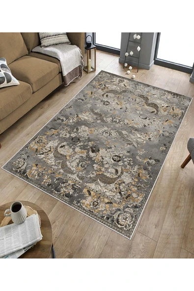 Makinede Yıkanabilir Leke Tutmaz  Gri-Kahve Deko Deri Kaymaz Taban Göbekli Salon Saçaksız Halı E4149  GRİ-KAHVERENGİ 180 x 280 - 5