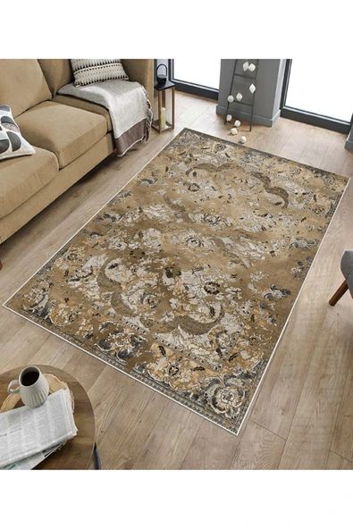 Makinede Yıkanabilir Leke Tutmaz  Kahverengi Deko Deri Kaymaz Taban Göbekli Salon Saçaksız Halı E4147  KAHVERENGİ 80 x 200 - 5