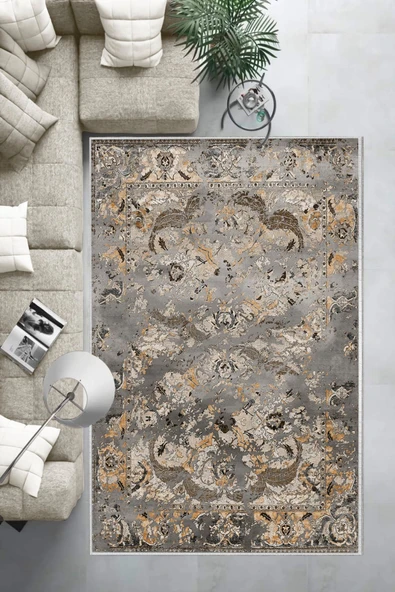 Makinede Yıkanabilir Leke Tutmaz  Gri-Kahve Deko Deri Kaymaz Taban Göbekli Salon Saçaksız Halı E4149  GRİ-KAHVERENGİ 180 x 280 - 6