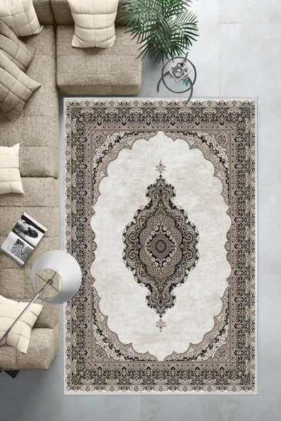 Makinede Yıkanabilir Leke Tutmaz  Kahverengi Deko Deri Kaymaz Taban Göbekli Salon Saçaksız Halı E4150  KAHVERENGİ 160 x 230 - 6