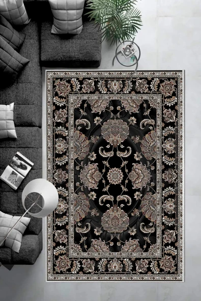 Makinede Yıkanabilir Leke Tutmaz  Siyah Deko Deri Kaymaz Taban Göbekli Salon Saçaksız Halı E4167  SİYAH 200 x 300 - Resim 6