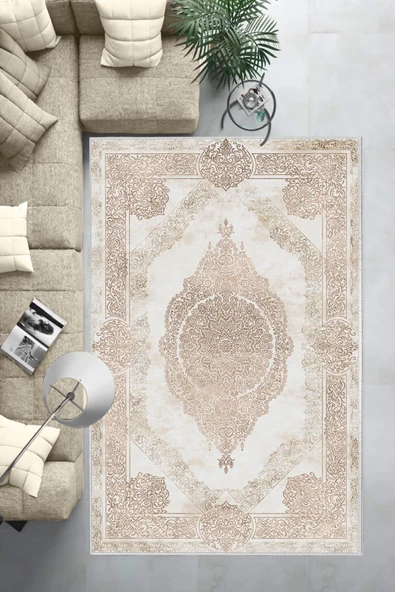 Makinede Yıkanabilir Leke Tutmaz  Krem-Vizon Dot Keçe Kaymaz Taban Göbekli Salon Saçaksız Halı E4174  KREM-VİZON 120 x 180 ürün görseli