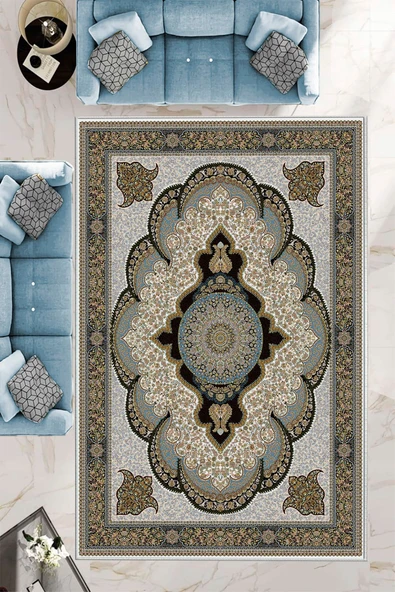 Makinede Yıkanabilir Leke Tutmaz  Mavi Pvc Deri Kaymaz Taban Göbekli Salon Saçaksız Halı E4162  MAVİ 200 x 300