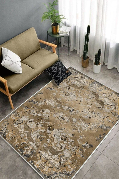 Makinede Yıkanabilir Leke Tutmaz  Kahverengi Deko Deri Kaymaz Taban Göbekli Salon Saçaksız Halı E4147  KAHVERENGİ 80 x 200 - 4