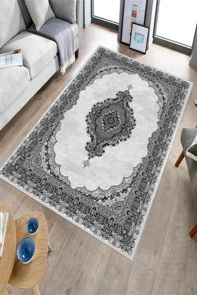 Makinede Yıkanabilir Leke Tutmaz  Siyah-Gri Deko Deri Kaymaz Taban Göbekli Salon Saçaksız Halı E4152  SİYAH-GRİ 80 x 300 - 3