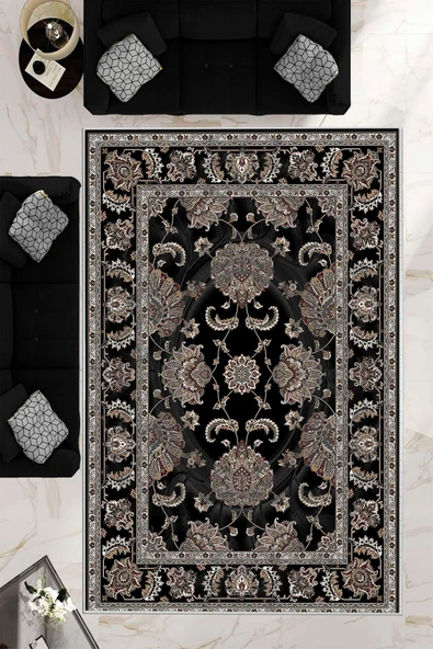 Makinede Yıkanabilir Leke Tutmaz  Siyah Deko Deri Kaymaz Taban Göbekli Salon Saçaksız Halı E4167  SİYAH 80 x 200