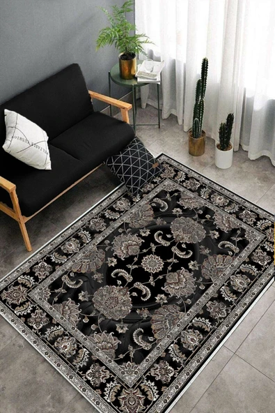 Makinede Yıkanabilir Leke Tutmaz  Siyah Deko Deri Kaymaz Taban Göbekli Salon Saçaksız Halı E4167  SİYAH 80 x 150 - Resim 4