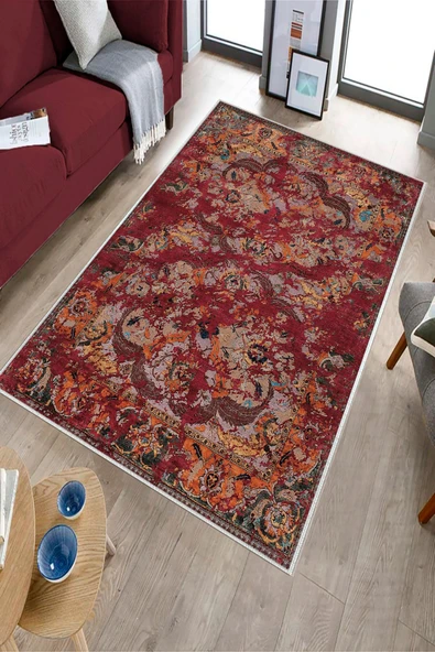 Makinede Yıkanabilir Leke Tutmaz  Bordo Deko Deri Kaymaz Taban Göbekli Salon Saçaksız Halı E4148 - 3