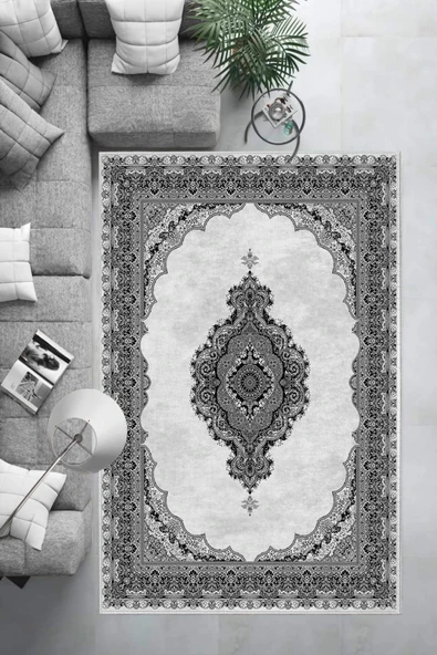 Makinede Yıkanabilir Leke Tutmaz  Siyah-Gri Deko Deri Kaymaz Taban Göbekli Salon Saçaksız Halı E4152  SİYAH-GRİ 80 x 300 - 6
