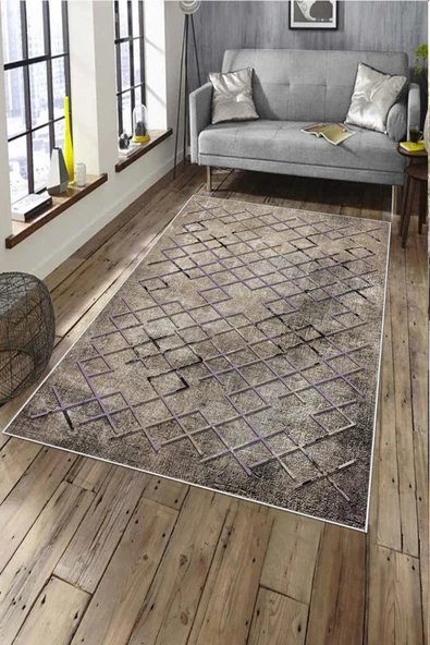 Makinede Yıkanabilir Leke Tutmaz  Lila Deko Deri Kaymaz Taban Vintage Salon Saçaksız Halı A127  LİLA 80 x 200