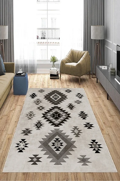Makinede Yıkanabilir Leke Tutmaz  Bej-Gri Deko Deri Kaymaz Taban Modern Salon Saçaksız Halı A134  BEJ 180 x 280 - 4