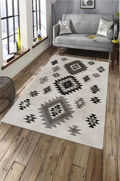 Makinede Yıkanabilir Leke Tutmaz  Bej-Gri Pvc Deri Kaymaz Taban Modern Salon Saçaksız Halı A134  BEJ 100 x 200