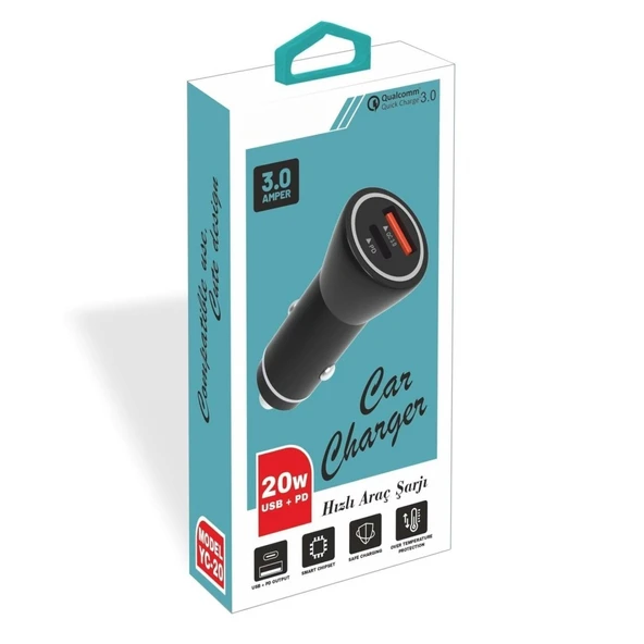 PDAteknoloji Yetty 20W USB + PD  Hızlı Araç Şarj Cihazı Siyah YC-20 (Yerli Üretim) - Resim 2