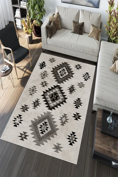 Makinede Yıkanabilir Leke Tutmaz  Bej-Gri Deko Deri Kaymaz Taban Modern Salon Saçaksız Halı A134  BEJ 180 x 280 - 5