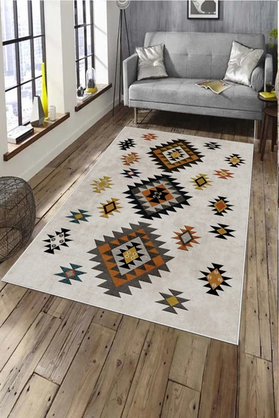 Makinede Yıkanabilir Leke Tutmaz  Multi Deko Deri Kaymaz Taban Modern Salon Saçaksız Halı A132  MULTİ 80 x 300