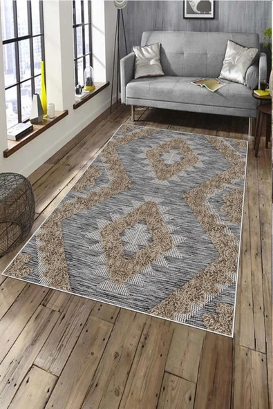 Makinede Yıkanabilir Leke Tutmaz  Kahverengi Pvc Deri Kaymaz Taban Modern Salon Saçaksız Halı A129  KAHVERENGİ 120 x 180