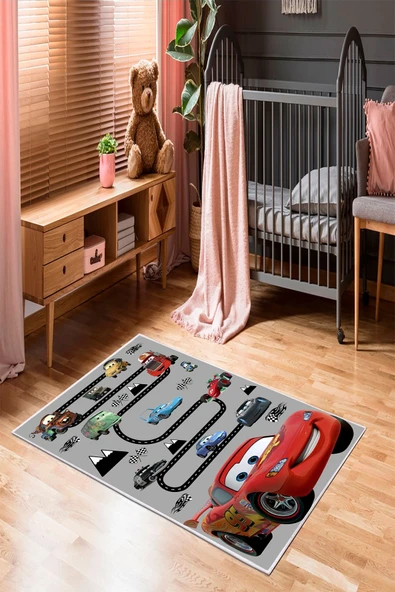 Makinede Yıkanabilir Leke Tutmaz  Gri Pvc Deri Kaymaz Taban Arabalı Çocuk Saçaksız Halı 564-01  ÇOKLU 200 x 300