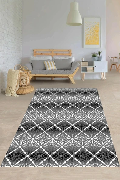 Makinede Yıkanabilir Leke Tutmaz  Beyaz-Siyah Pvc Deri Kaymaz Taban Modern Salon Saçaksız Halı A122  ÇOKLU 100 x 420