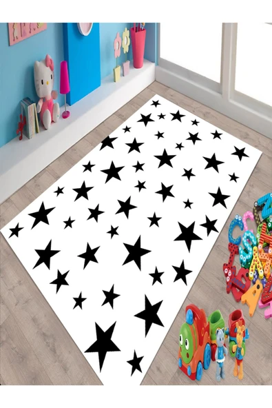 Makinede Yıkanabilir Leke Tutmaz  Beyaz-Siyah Pvc Deri Kaymaz Taban Yıldız Çocuk Saçaksız Halı 89-00  ÇOKLU 100 x 200 - 2